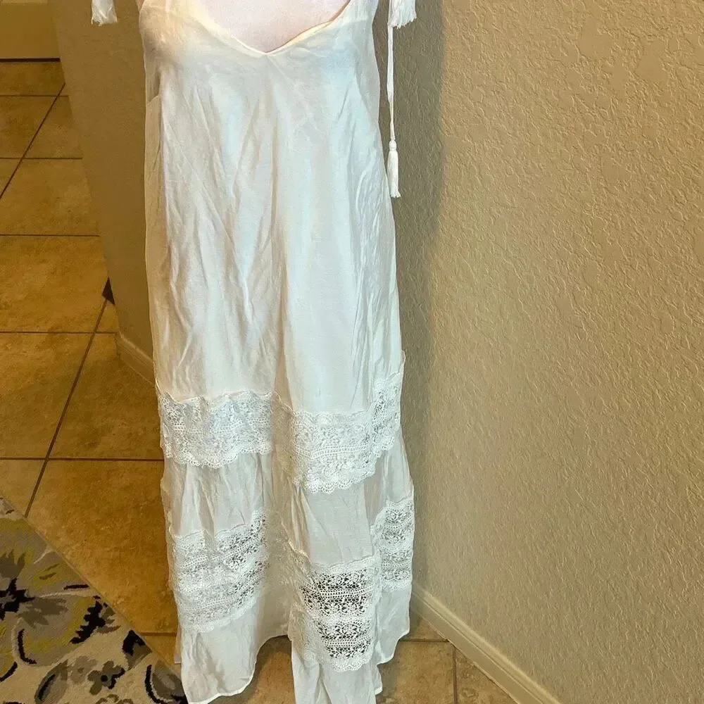 Elan Size XS Tie Strap Lace Swimsuit Cover Up Maxi Dress White Coastal Vacation